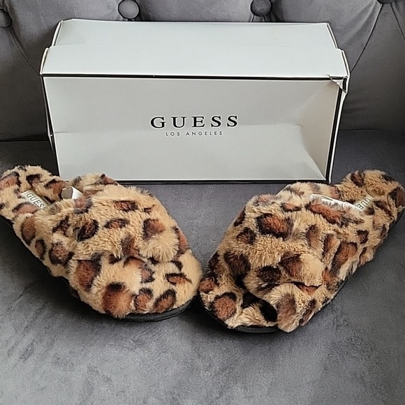 Guess Shoes - Guess leopard faux fur slippers